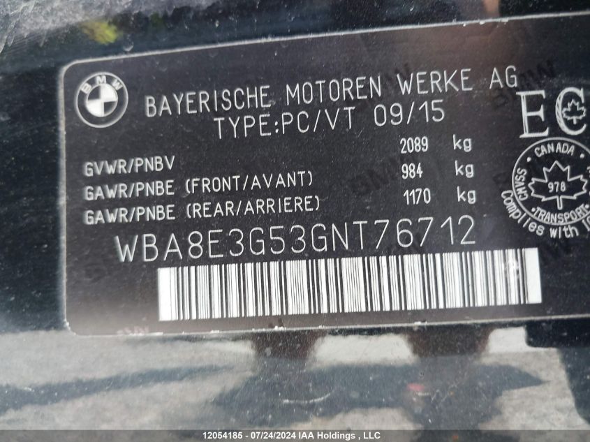 2016 BMW 328 Xi Sulev VIN: WBA8E3G53GNT76712 Lot: 12054185