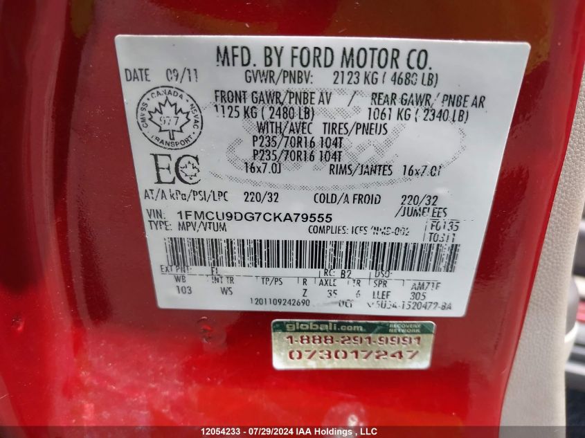 2012 Ford Escape Xlt VIN: 1FMCU9DG7CKA79555 Lot: 12054233