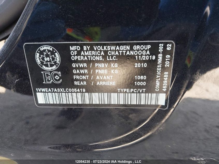 2020 Volkswagen Passat VIN: 1VWEA7A3XLC005419 Lot: 12054235