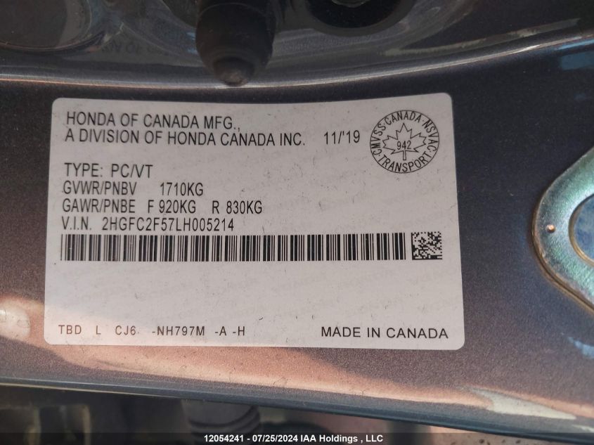 2020 Honda Civic Sedan VIN: 2HGFC2F57LH005214 Lot: 12054241