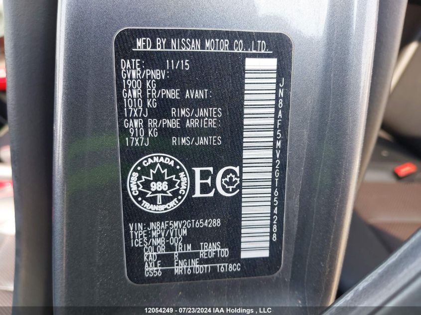 2016 Nissan Juke VIN: JN8AF5MV2GT654288 Lot: 12054249