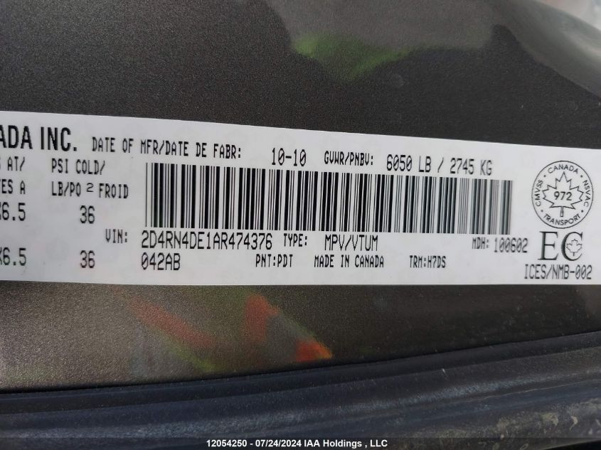 2010 Dodge Grand Caravan Se VIN: 2D4RN4DE1AR474376 Lot: 12054250
