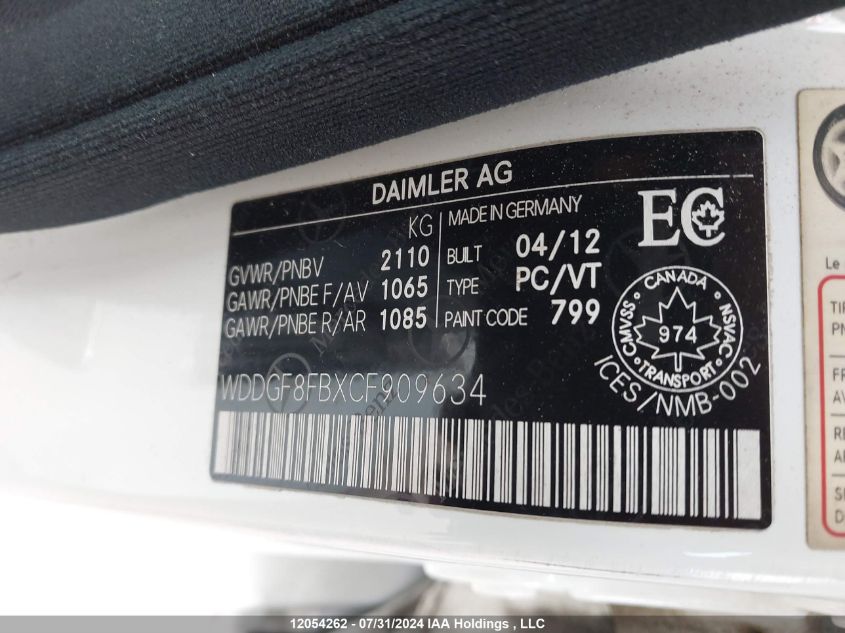 2012 Mercedes-Benz C-Class VIN: WDDGF8FBXCF909634 Lot: 12054262