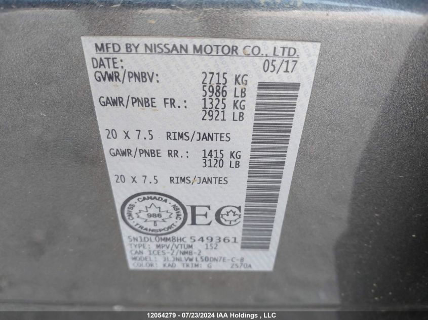 2017 Infiniti Qx60 VIN: 5N1DL0MM8HC549361 Lot: 12054279