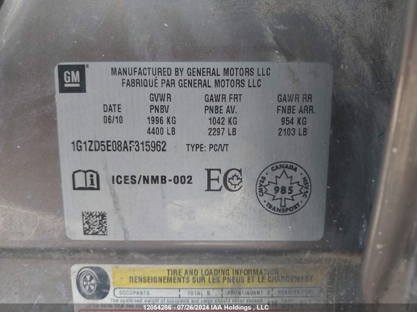 2010 Chevrolet Malibu VIN: 1G1ZD5E08AF315962 Lot: 12054286