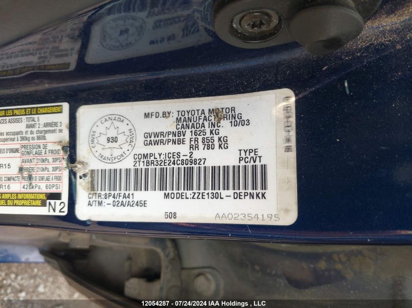 2004 Toyota Corolla Le VIN: 2T1BR32E24C809827 Lot: 12054287