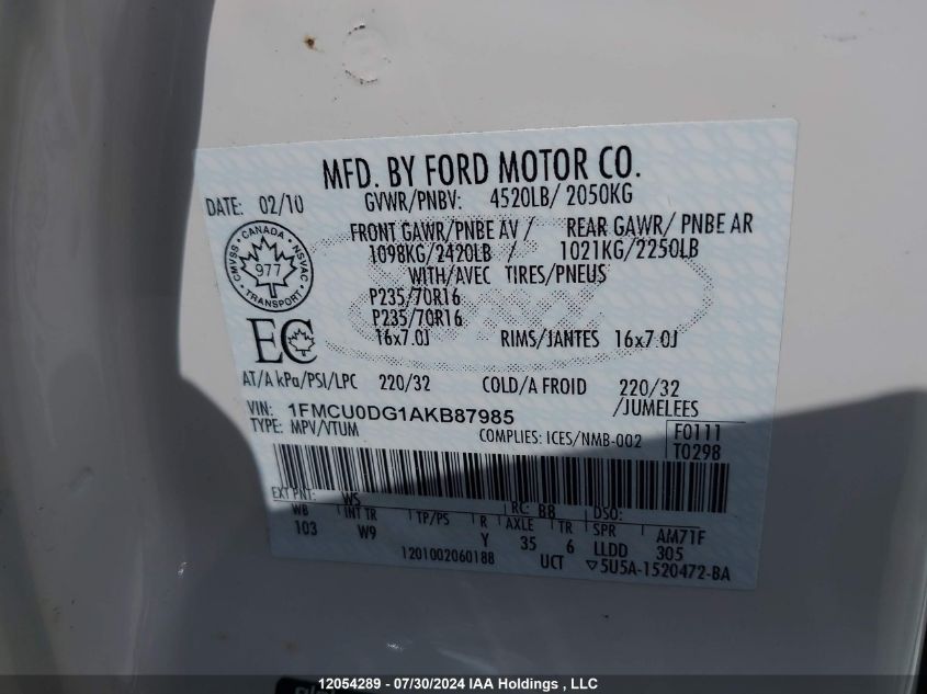 2010 Ford Escape Xlt VIN: 1FMCU0DG1AKB87985 Lot: 12054289