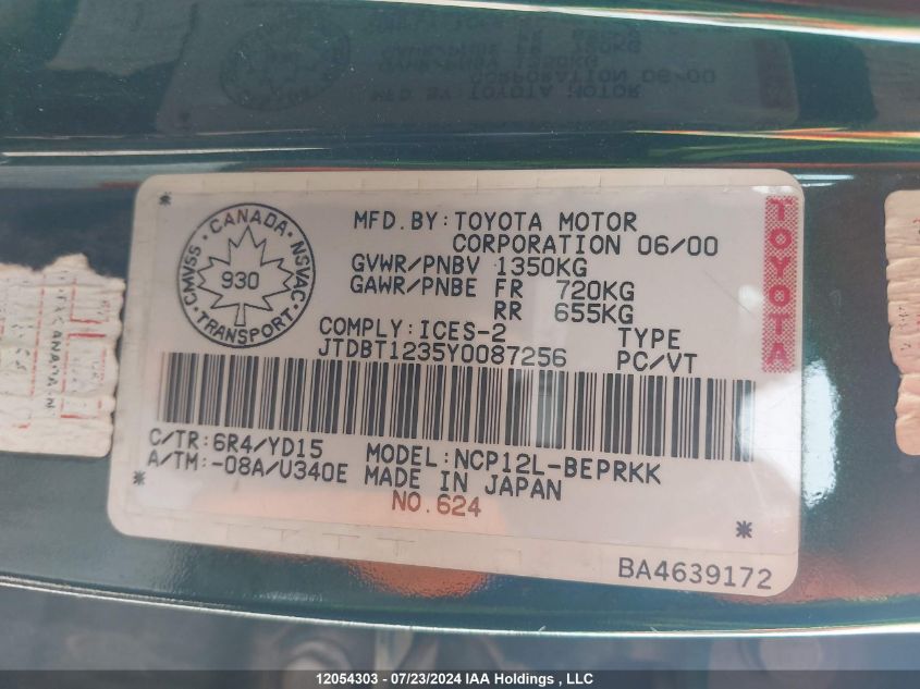 2000 Toyota Echo VIN: JTDBT1235Y0087256 Lot: 12054303