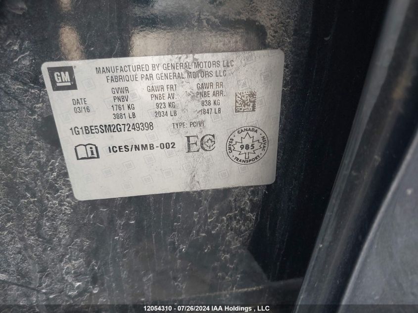 2016 Chevrolet Cruze VIN: 1G1BE5SM2G7249398 Lot: 12054310