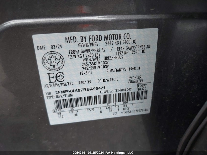 2024 Ford Edge Titanium VIN: 2FMPK4K97RBA99421 Lot: 12054316