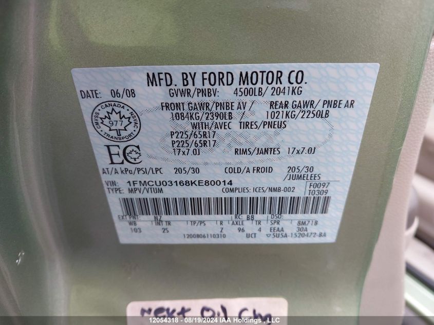 2008 Ford Escape VIN: 1FMCU03168KE80014 Lot: 12054318