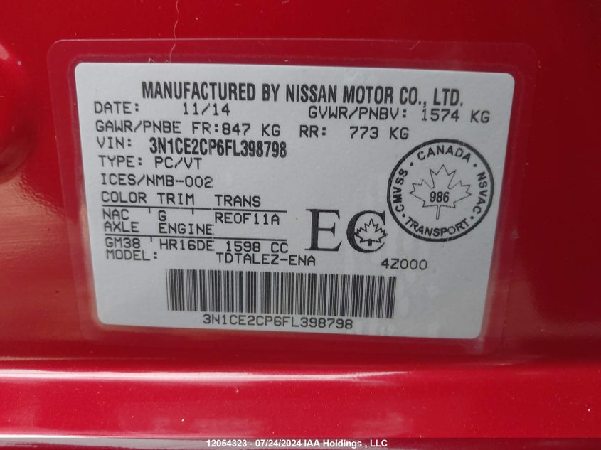 2015 Nissan Versa VIN: 3N1CE2CP6FL398798 Lot: 12054323