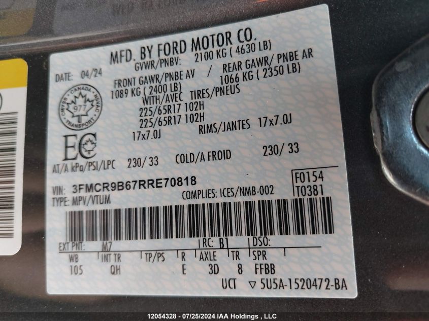 2024 Ford Bronco Sport Big Bend VIN: 3FMCR9B67RRE70818 Lot: 12054328