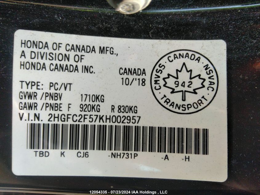 2019 Honda Civic Sedan VIN: 2HGFC2F57KH002957 Lot: 12054335