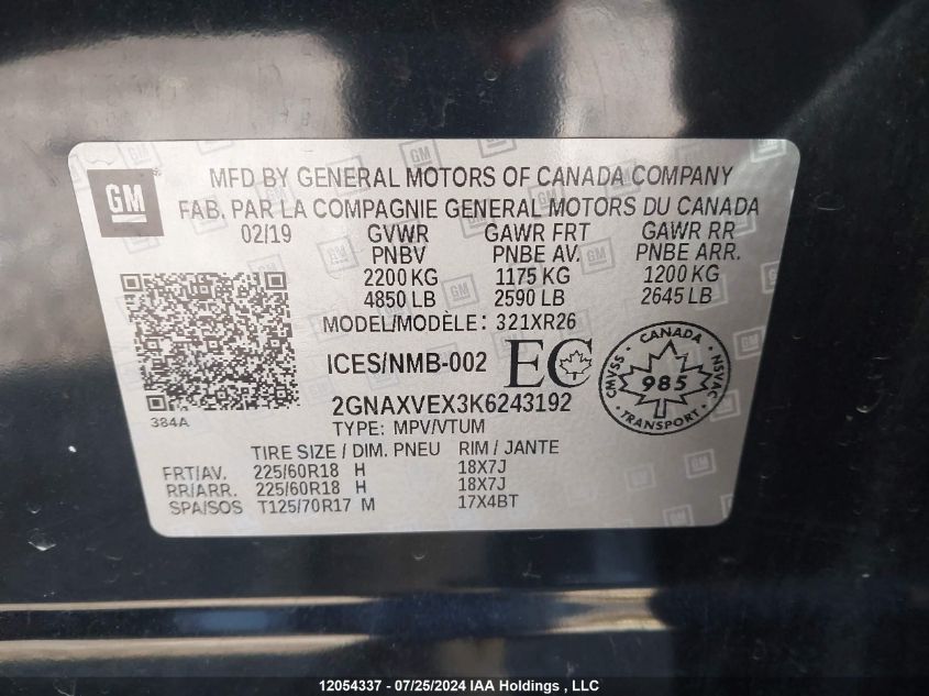 2019 Chevrolet Equinox Lt VIN: 2GNAXVEX3K6243192 Lot: 12054337