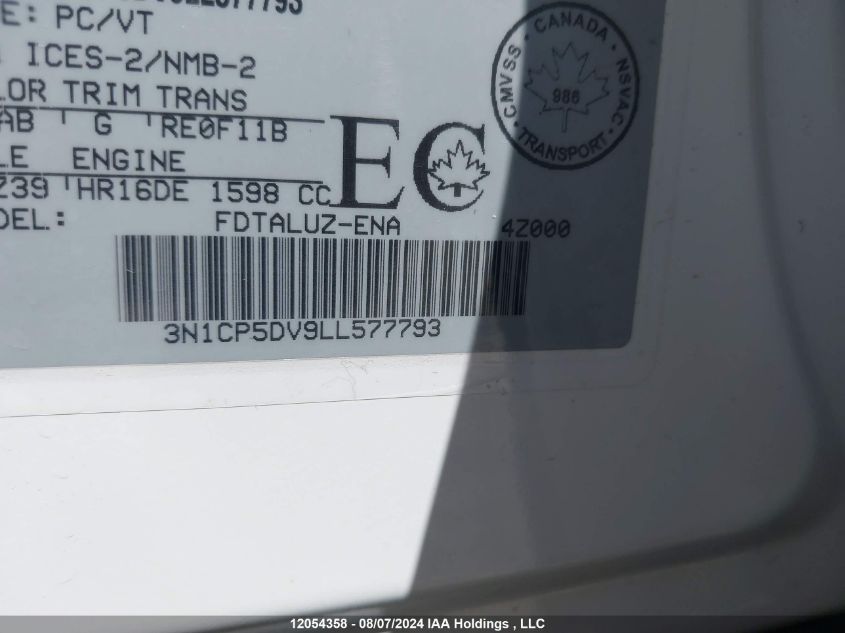 2020 Nissan Kicks Sr VIN: 3N1CP5DV9LL577793 Lot: 12054358