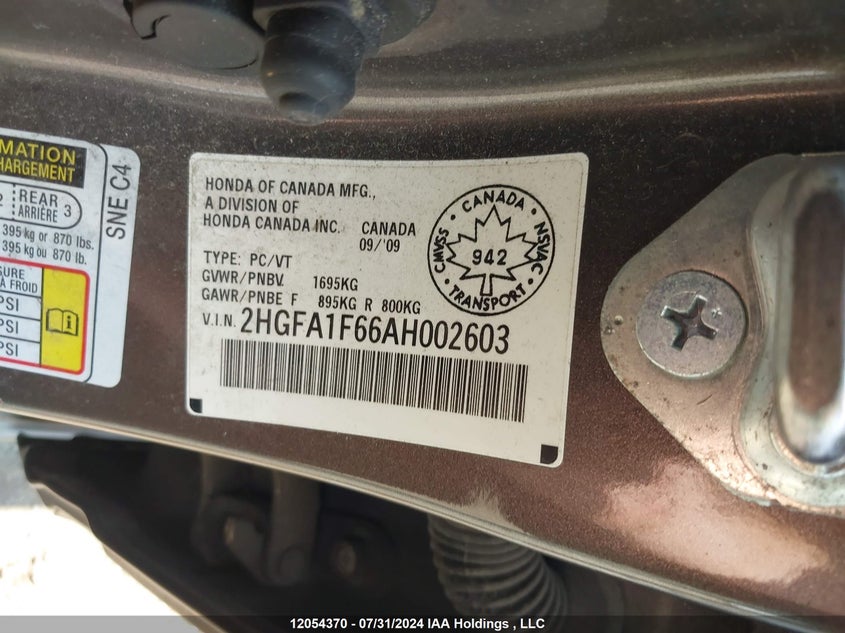 2010 Honda Civic Sdn VIN: 2HGFA1F66AH002603 Lot: 12054370