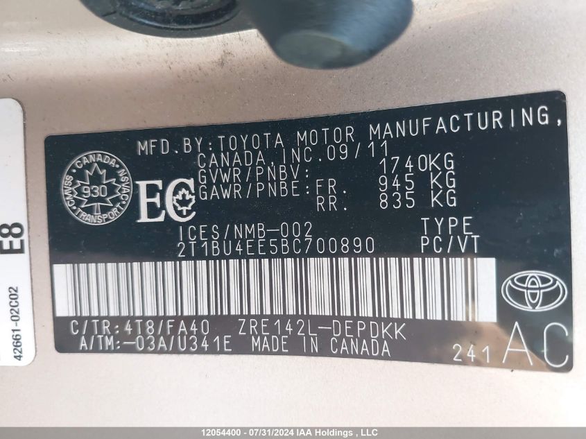 2011 Toyota Corolla S/Le VIN: 2T1BU4EE5BC700890 Lot: 12054400