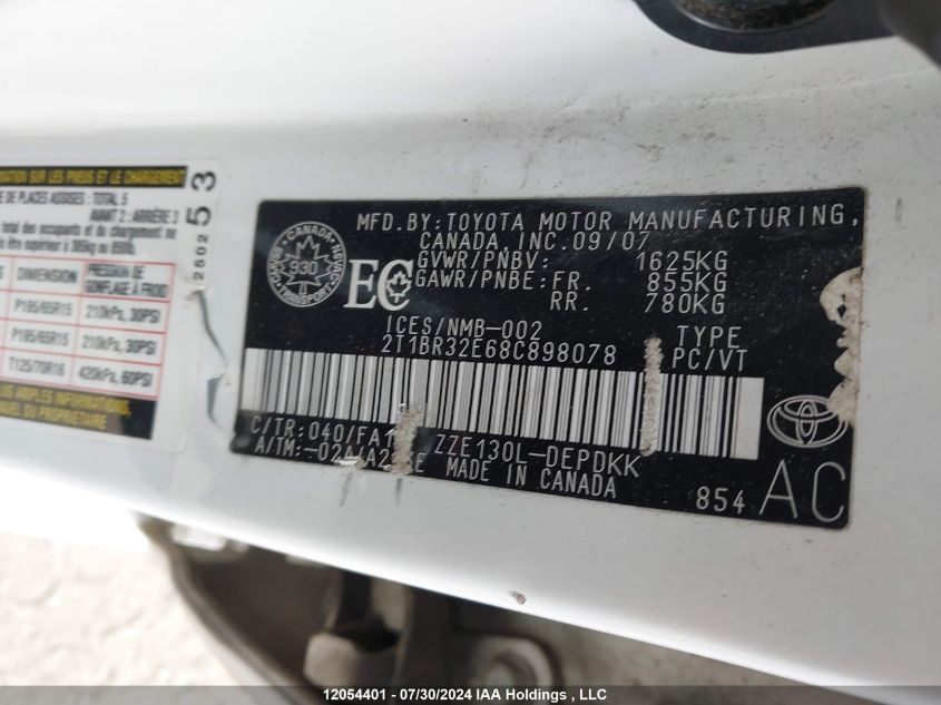 2008 Toyota Corolla Ce VIN: 2T1BR32E68C898078 Lot: 12054401