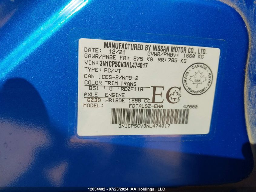 2022 Nissan Kicks Sv VIN: 3N1CP5CV3NL474017 Lot: 12054402