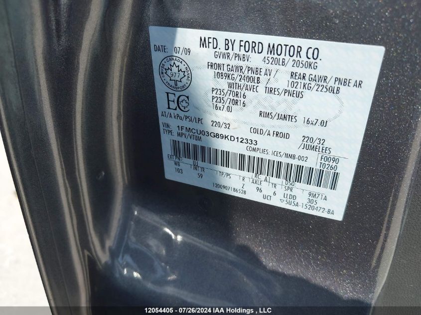 2009 Ford Escape VIN: 1FMCU03G89KD12333 Lot: 12054405