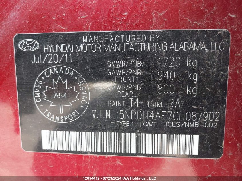 2012 Hyundai Elantra VIN: 5NPDH4AE7CH087902 Lot: 12054412