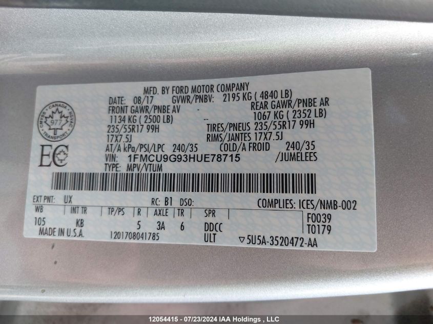 2017 Ford Escape Se VIN: 1FMCU9G93HUE78715 Lot: 12054415