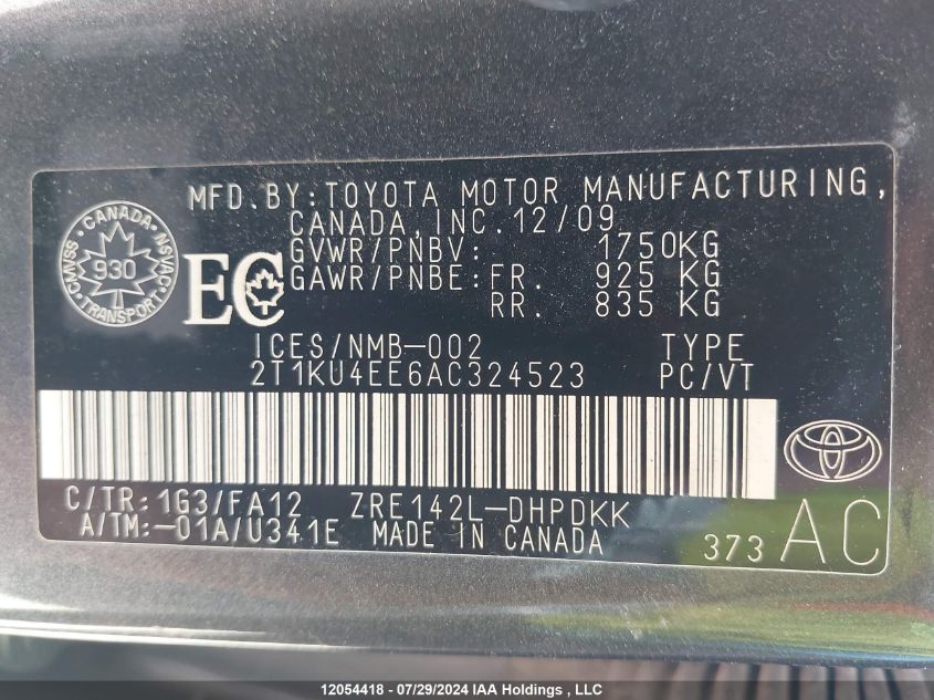 2010 Toyota Matrix Wagon VIN: 2T1KU4EE6AC324523 Lot: 12054418