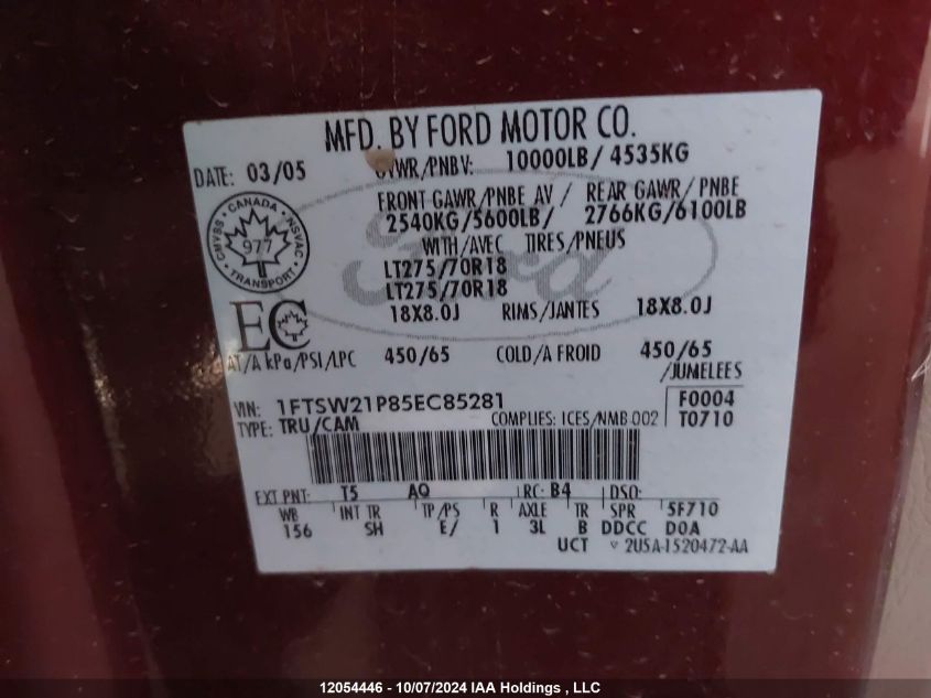 1FTSW21P85EC85281 2005 Ford F250 Super Duty