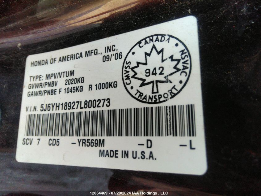 2007 Honda Element VIN: 5J6YH18927L800273 Lot: 12054469