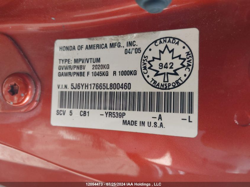 2005 Honda Element VIN: 5J6YH17665L800460 Lot: 12054473