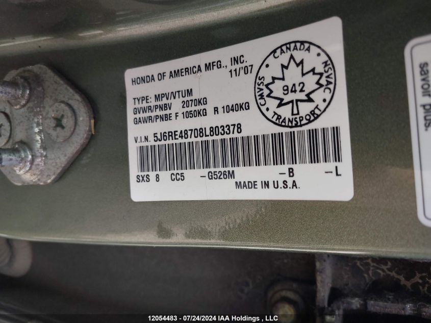 2008 Honda Cr-V VIN: 5J6RE48708L803378 Lot: 12054483