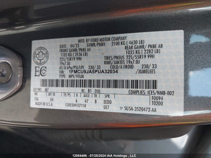2023 Ford Escape Platinum VIN: 1FMCU9JA5PUA32034 Lot: 12054486