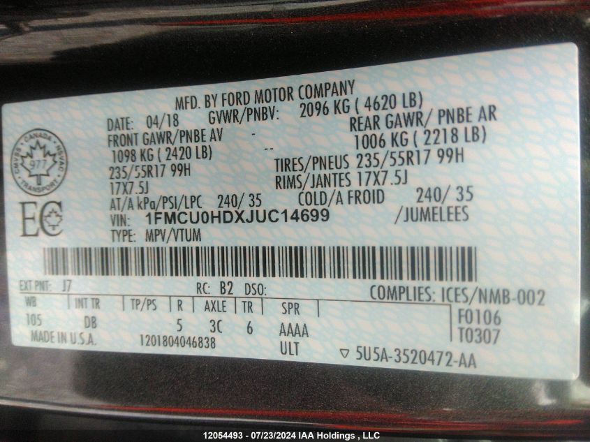 2018 Ford Escape Sel VIN: 1FMCU0HDXJUC14699 Lot: 12054493