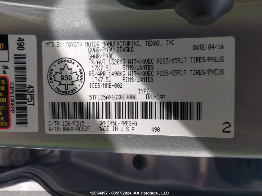 2016 Toyota Tacoma Dbl Cab/Sr/Sr5/Trd Spt/Or VIN: 5TFCZ5AN6GX029806 Lot: 12054497