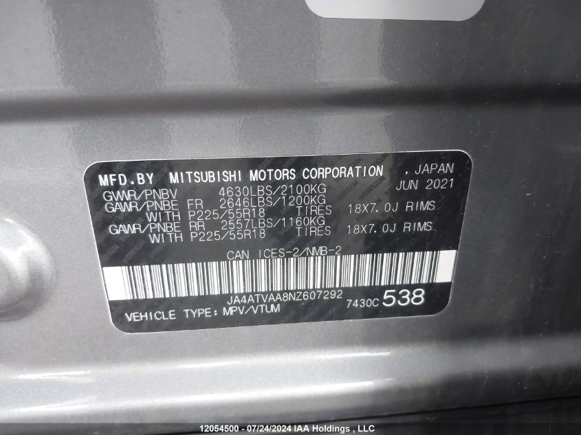 2022 Mitsubishi Eclipse Cross VIN: JA4ATVAA8NZ607292 Lot: 12054500