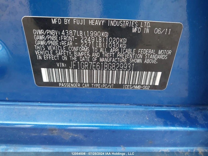 2011 Subaru Impreza Wrx VIN: JF1GR7E61BG829931 Lot: 12054506
