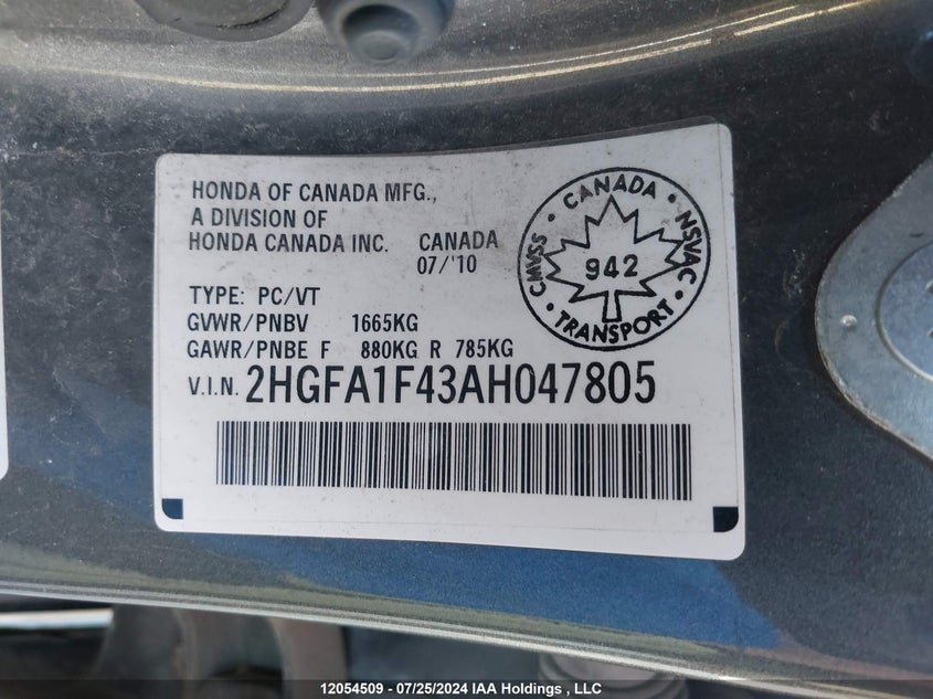 2010 Honda Civic Sdn VIN: 2HGFA1F43AH047805 Lot: 12054509