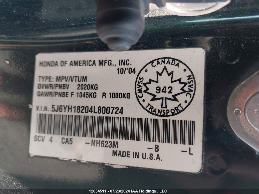 2004 Honda Element VIN: 5J6YH18204L800724 Lot: 12054511