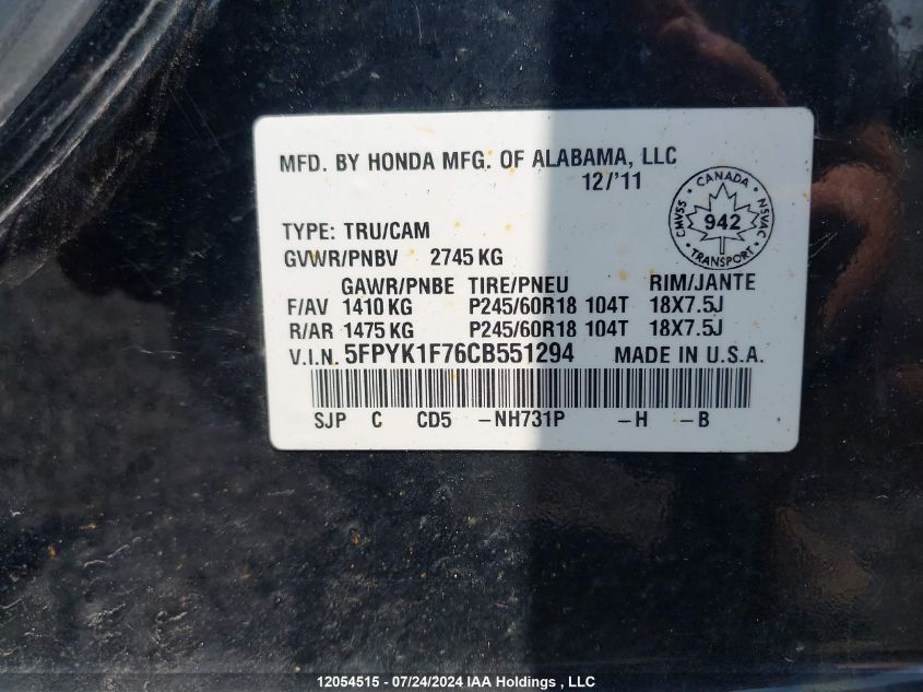 2012 Honda Ridgeline VIN: 5FPYK1F76CB551294 Lot: 12054515