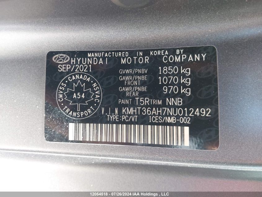 2022 Hyundai Veloster N VIN: KMHT36AH7NU012492 Lot: 12054518