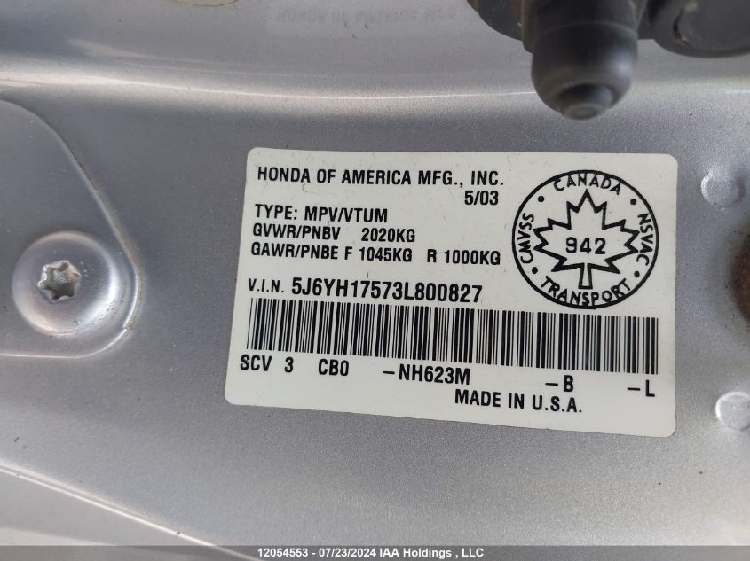 2003 Honda Element VIN: 5J6YH17573L800827 Lot: 12054553