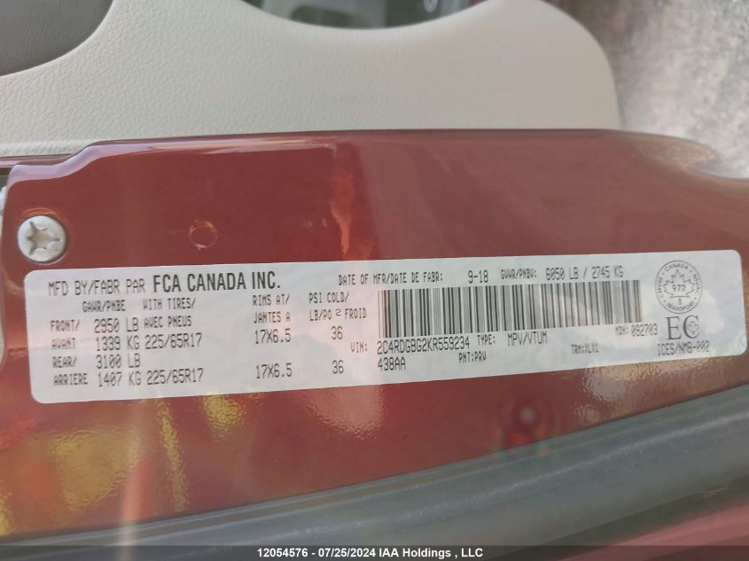 2019 Dodge Grand Caravan Cvp/Sxt VIN: 2C4RDGBG2KR559234 Lot: 12054576