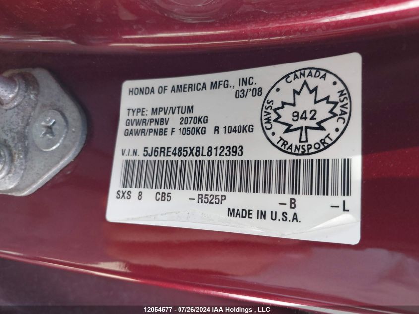 2008 Honda Cr-V VIN: 5J6RE485X8L812393 Lot: 12054577