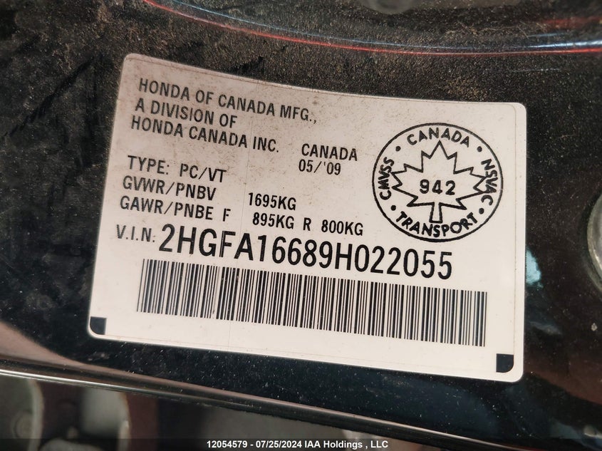 2009 Honda Civic Sdn VIN: 2HGFA16689H022055 Lot: 12054579