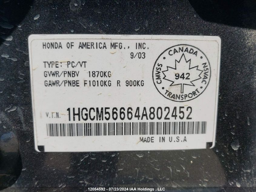 2004 Honda Accord Sdn VIN: 1HGCM56664A802452 Lot: 12054592