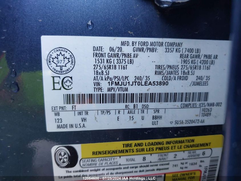 2020 Ford Expedition Xlt VIN: 1FMJU1JT0LEA53890 Lot: 12054600
