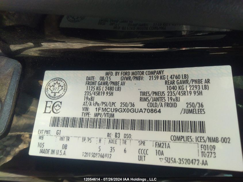 2016 Ford Escape Se VIN: 1FMCU9GX0GUA70864 Lot: 12054614