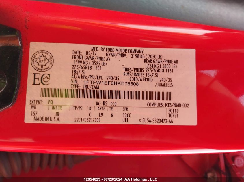 2017 Ford F150 Supercrew VIN: 1FTFW1EF0HKD78508 Lot: 12054623