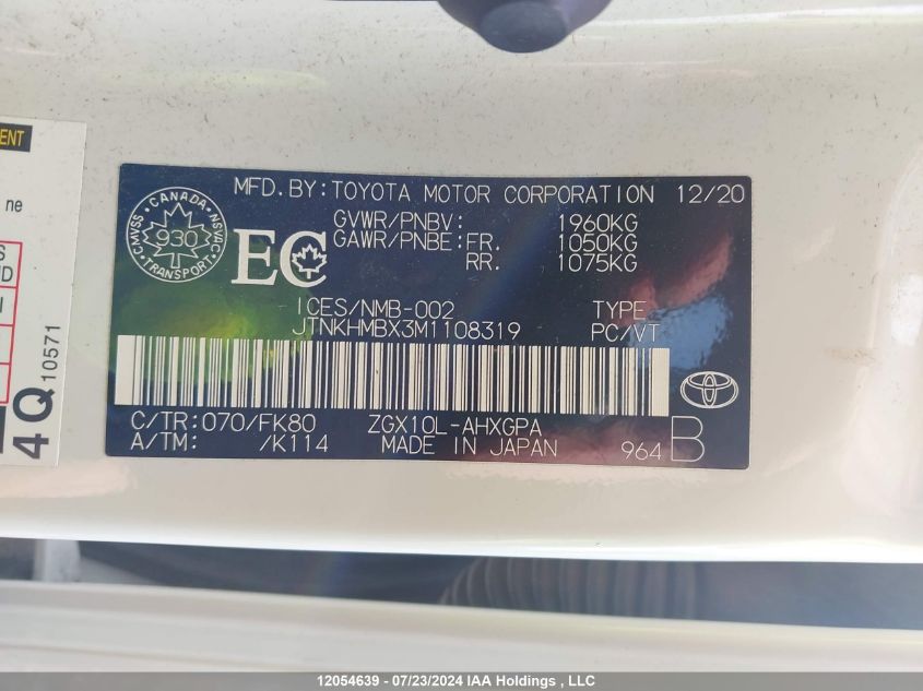 2021 Toyota C-Hr Xle/Le/Night Shade/Limited VIN: JTNKHMBX3M1108319 Lot: 12054639